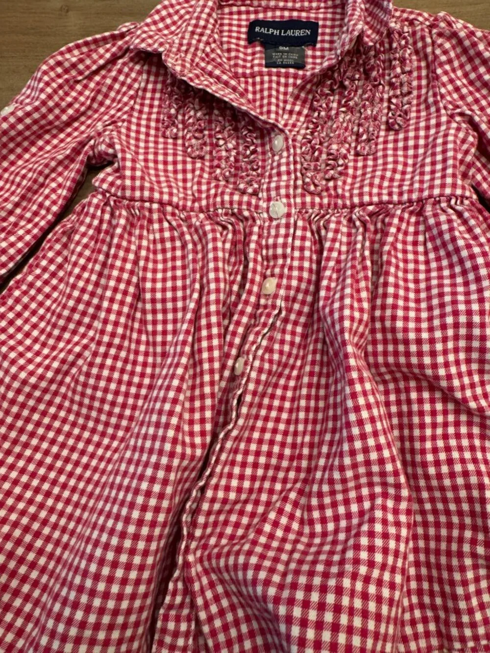 Ralph Lauren Baby Red Gingham Long-Sleeve Ruffle Shirt Dress 9M
